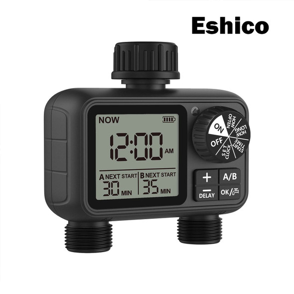Eshico 2024 Newest 2-outlet Digital Water Timer A/B-Zone Independent Programming Control Adjustable Sprinker Easy Installation