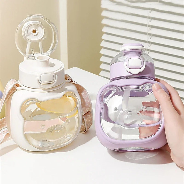 1 Liter Water Bottle for Girls Large-capacity Water Bottle Cloud Bear Summer Children's Straw Big Belly Cup Portable Drinkware