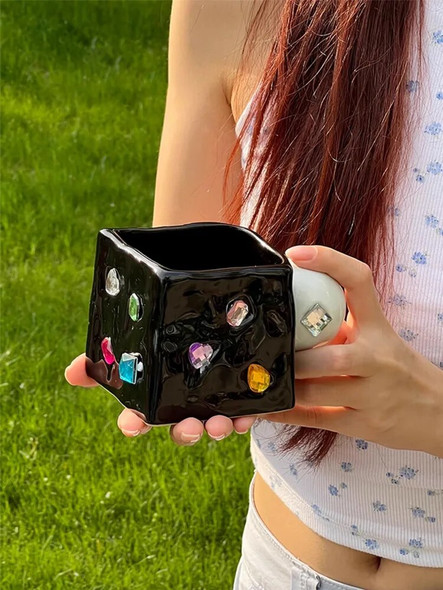 AhunderJiaz DIY Ceramic Diamond Jewelry Mug Square Americana Style Coffee Mug Hand Pinch Mug Drinkware Set Gift