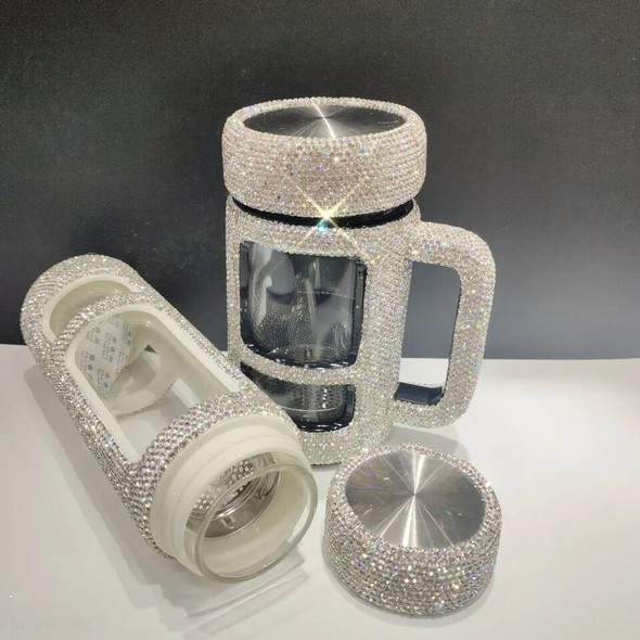 Double Layer Glass Cups with Handle Diamond Water Bottle Coffee Tea Mug Drinkware Beer Glass Cup Sparkling Rhinestones Bottle