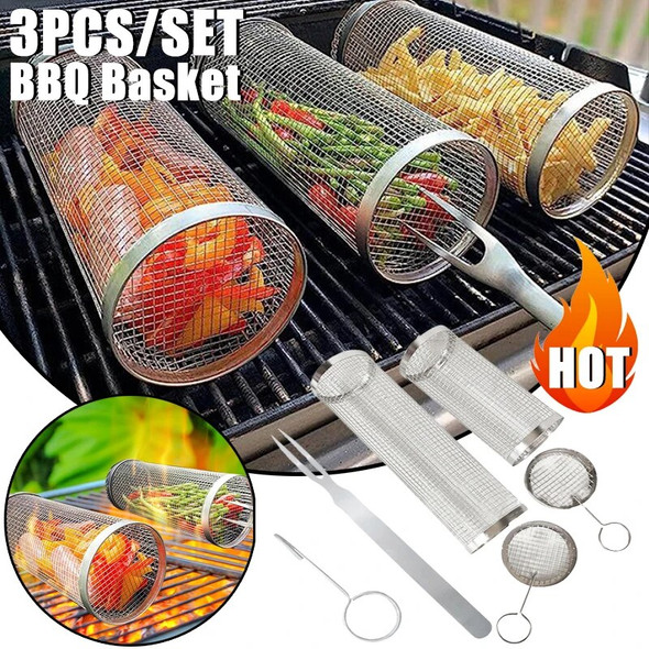 Stainless Steel Barbecue Cooking Grill Grate Outdoor Camping BBQ Drum Grilling Basket Campfire Grid Picnic Cookware Kitchen Tool