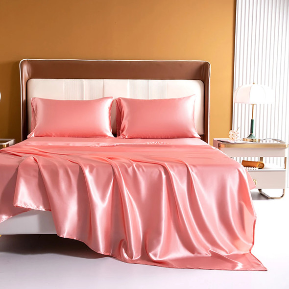 Pink High-End Rayon Satin 4pcs Fitted Sheet Set Silky Solid Color Bed Sheet Elastic Band Sheets Smooth Bedsheet Mattress Cover