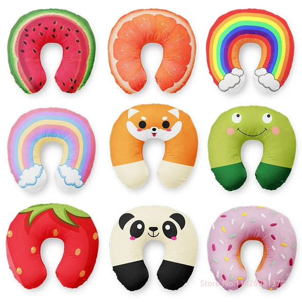 Cute Cartoon INS Style Travel Neck Pillow U-Shaped Panda Rainbow Cloud Fruit Inflatable Cushion For Kids Adults Family Friends