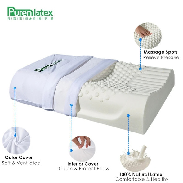 PurenLatex 60x40 Thailand Pure Natural Latex Pillow Remedial Neck Protect Vertebrae Health Care Orthopedic Pillow Slow Rebound