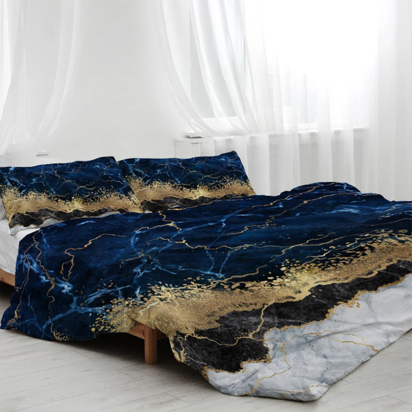 Blue Gold Marble Design Bedding Set Decorative 3 Pieces Duvet Cover with 2 Pillow Shams For Home Family Bed