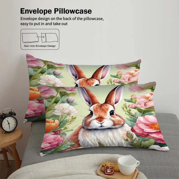 90gsm brushed polyester fabric, comfortable and warm bedding three piece set, 1 duvet cover+2 pillowcases, floral rabbit print