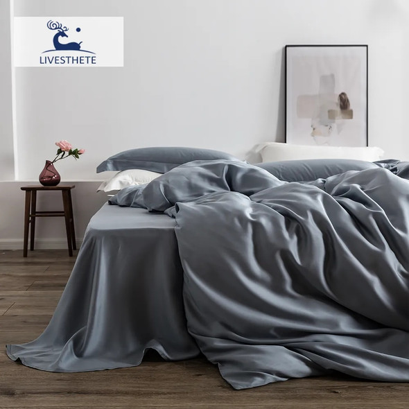 Liv-Esthete Luxury 100% Silk Gray Bedding Set Women Beauty Best For Skin Care Duvet Cover Queen King Bed Linen For Great Sleep