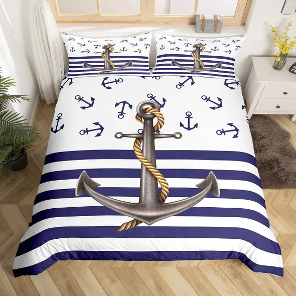 Anchor Nautical Steamboat Bedding Set Ocean Coastal Theme Blue and White Strip Quilt Cover for Kids Adults King Size Duvet Cover