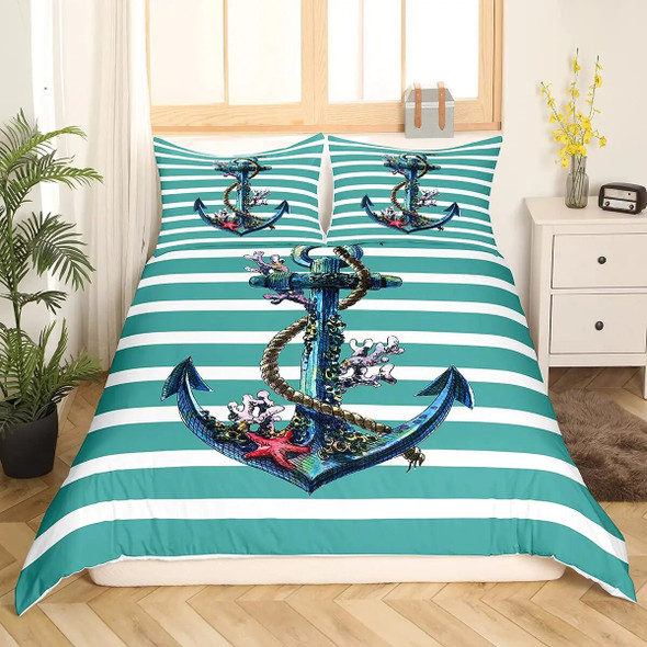 Anchor Nautical Steamboat Bedding Set Ocean Coastal Theme Blue and White Strip Quilt Cover for Kids Adults King Size Duvet Cover