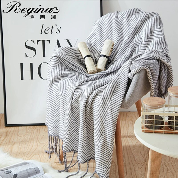 REGINA Wave Stripe Knit Texture Throw Blanket Brown Gray Fringes Crochet Cotton Breathable Sofa Bed TV Travel Wearable Blankets