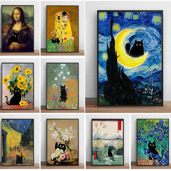 Famous Paintings Mona Lisa Starry Night With Funny Black Cat Poster Canvas Painting Sunflower Reproduction Wall Art Home Decor Famous Paintings Mona Lisa Starry Night With Funny Black Cat Poster Canvas Painting Sunflower Reproduction Wall Art Home Decor