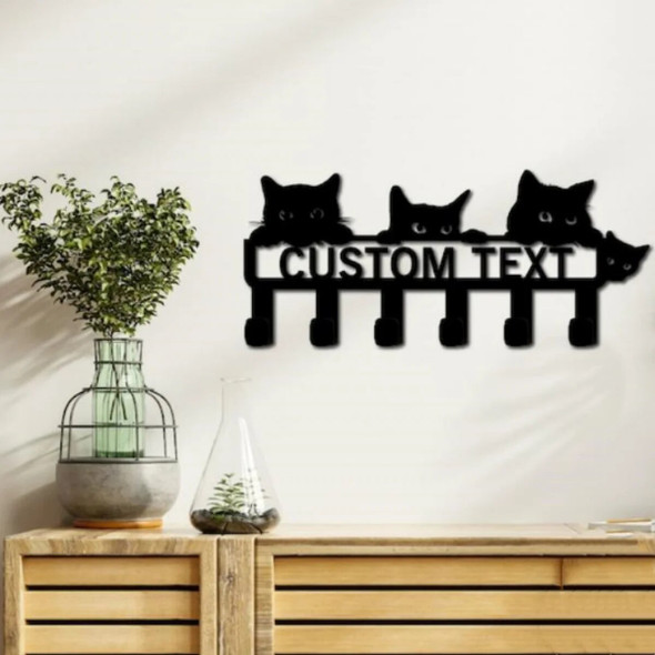 Personalized Entryway Coat Hooks , Black Cats Key Holder , Metal Wall Art , Personalized Gift , 6 Hooks Key Holder