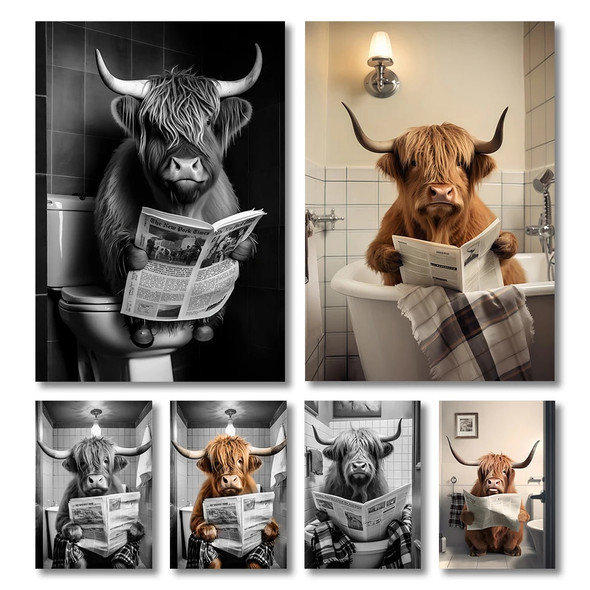 Cute and Funny Poster Cow on a Toilet Canvas Painting Bubble Bath and Wine Prints Black and White Wall Art Home Bathroom Decor