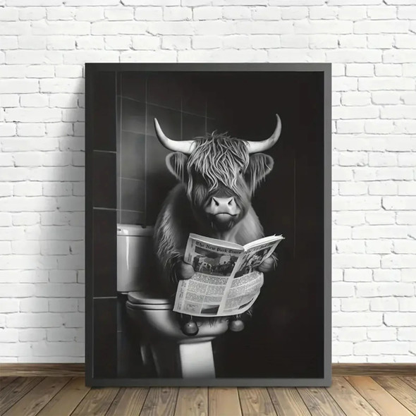 Cute and Funny Poster Cow on a Toilet Canvas Painting Bubble Bath and Wine Prints Black and White Wall Art Home Bathroom Decor