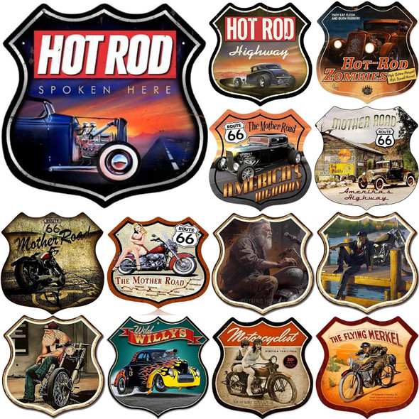 Hot Route 66 Metal Tin Signs Vintage Shield Signs Iron Painting Wall Art for Beer Bar Pub Cafe Game Room Garage Decor