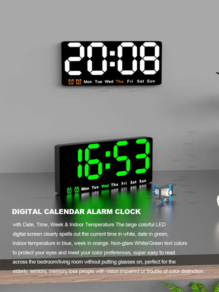 Large colorful LED digital Alarm Clock with DateTemperature 2 Alarms Large Display Day Clock Battery Backup 12/24H Wall clock
