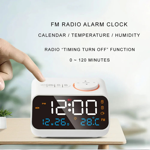Mordern FM Radio LED Alarm Clock for Bedside Wake Up. Digital Table Calendar with Temperature Thermometer Humidity Hygrometer.