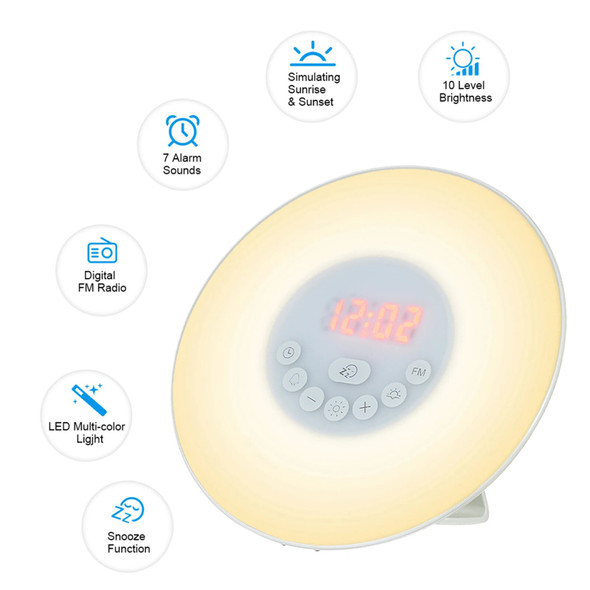 Wake Up Light Alarm Sunrise/Sunset Simulation Digital Clock with FM Radio Light Nature Sounds Snooze Function Touch Control