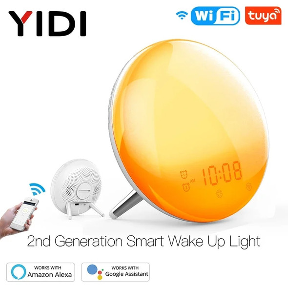 WiFi Smart Wake Up Light Workday Clock Sunrise/Sunset Simulation 4 Alarms Works with Alexa Google Home Tuya App Remote Control