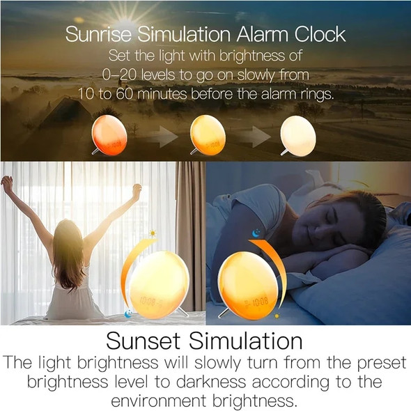 WiFi Smart Wake Up Light Workday Clock Sunrise/Sunset Simulation 4 Alarms Works with Alexa Google Home Tuya App Remote Control