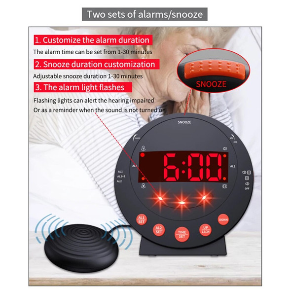 Loud Alarm Clock with Bed Shaker Vibrating Alarm Clock with Flash Light Brightness Adjustable Snooze Dual Alarm Setting USB