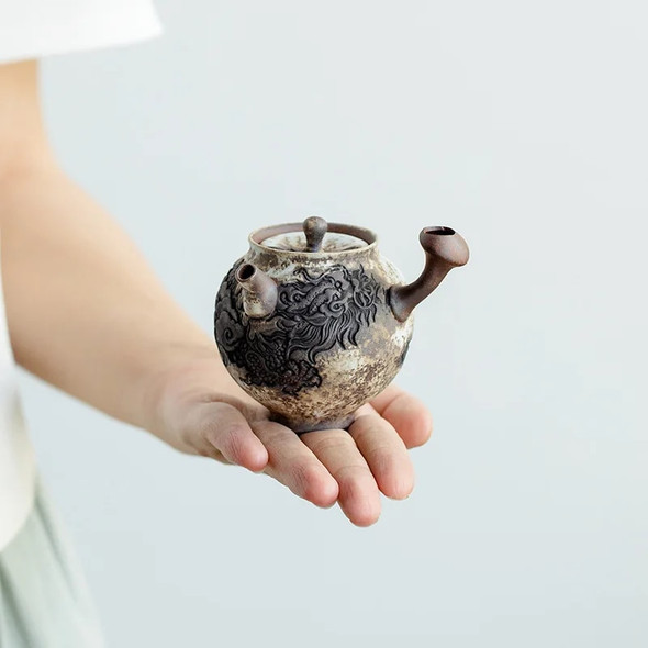 Changpuju Hand-embossed Ink Dragon Teapot Ceramic Kung Fu Pot Tea Teaware Kitchen Dining Bar Home Garden