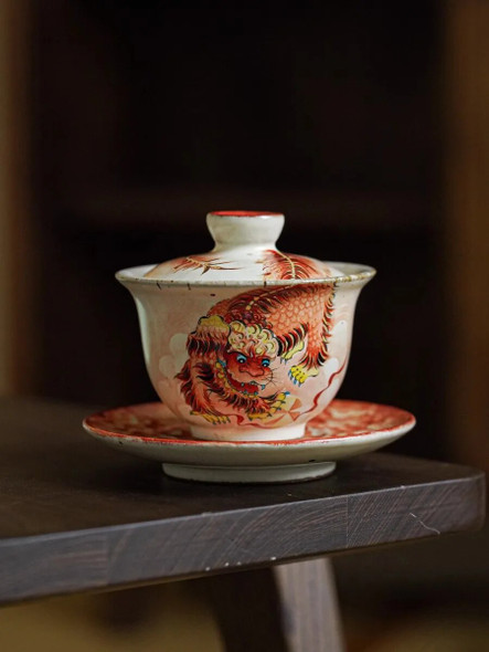 JingDe Zhen Rough Pottery Hand-paint Ceramic Lion Sansai Gaiwan Brewing Tea Bowl Palace Style Glaze Color kung fu Tea Set