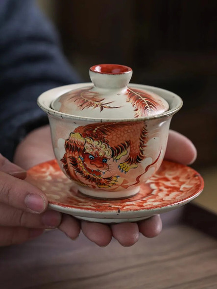 JingDe Zhen Rough Pottery Hand-paint Ceramic Lion Sansai Gaiwan Brewing Tea Bowl Palace Style Glaze Color kung fu Tea Set