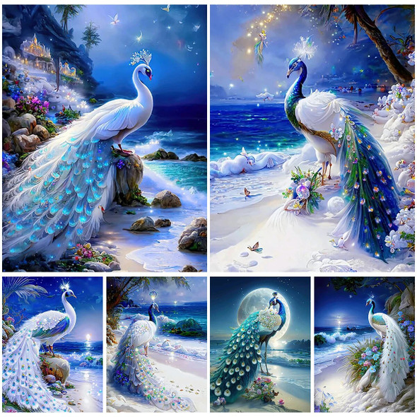 Peacocks On A Beach At Night Personality DIY Full Drill Diamond Decorative Painting