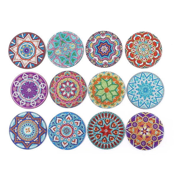 12pcs Diamond Art Coasters With Holder Diy Mandala Pattern Drink Cup Cushion Strong Adhesion Diamond Painting Kits For Crafts