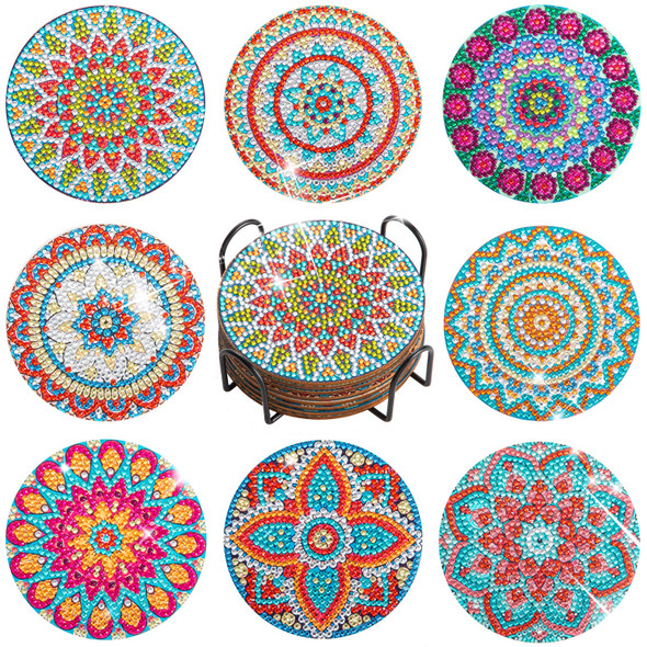 RUOPOTY 8pc/sets Mandala Diamond Painting Coasters DIY Diamond Art Coasters 5D Full Drill Diamond Coasters Acrylic Round Cup