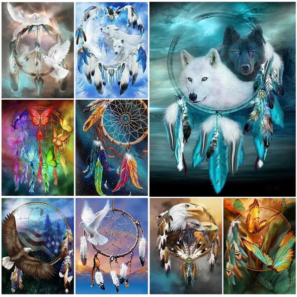 5D Diy Diamond Painting Full Square Round Dream Catcher Wolf Cross Embroidery Diamond Embroidery Animal Mosaic Stone Decoration