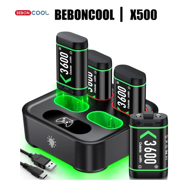 BEBONCOOL X500 RGB Battery Charger With 4×3600 mWh Batteris For XBOX ONE S/X and Serise X/S Rechargable Batteris For XBOX