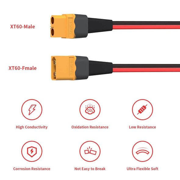 12AWG XT60 Extension Cable XT60 Female to Male Connector for RC Battery Portable Power Station Solar Panel(6FT)