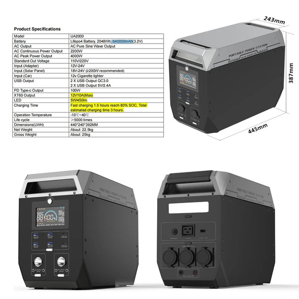 2000W Portable Power Station 1800W Battery with Solar Panel for Camping Car Emergency UPS 220V Lifepo4 Warehouse Shipping