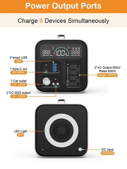 600W LifePo4 Power Station 595wh External Battery 100W Solar Generator Camping Portable Energy Storage System Fishing RV Outdoor