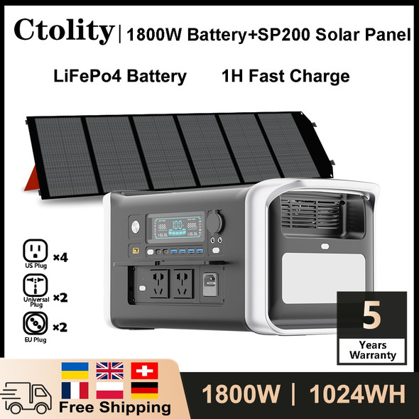 1800W Camping Portable Power Station Solar Panel 100V-230V 1024Wh Lifepo4 Solar Generator Battery Emergency Supply Backup Outdo