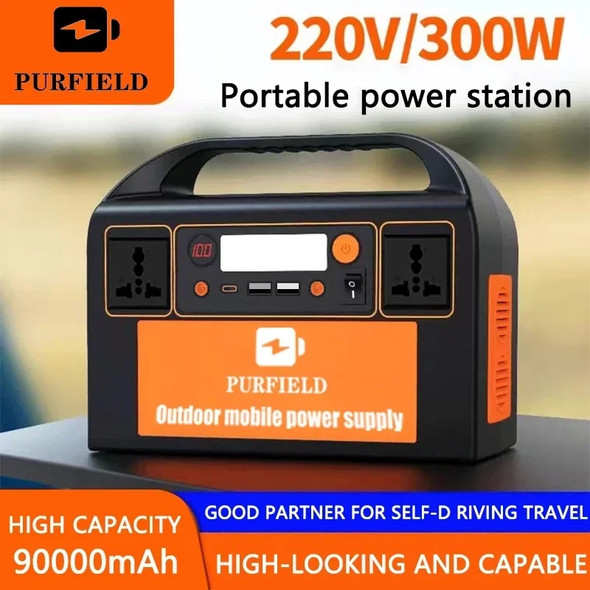 PURFIELD Portable Power Station 220V 110V 300W AC DC Outdoor 315WH Solar Generator 90000mAh/3.7V Battery Emergency Power Supply