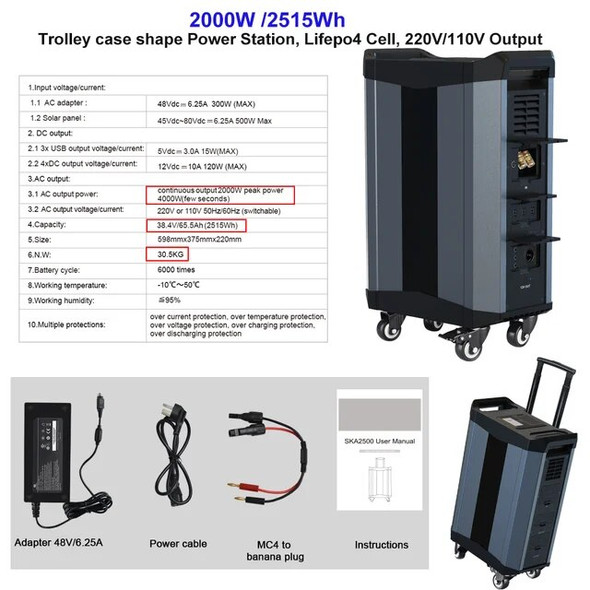 2515Wh Portable Power Station Solar Generator 2000W LiFePO4 UPS Battery 1500W For Laptop EV Car Camping Fishing Backup Power
