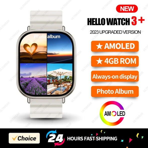 HELLO WATCH 3 Plus AMOLED Smart Watch Men NFC Compass Smartwatch Always on Display with 4GB ROM Local Music for Android IOS New