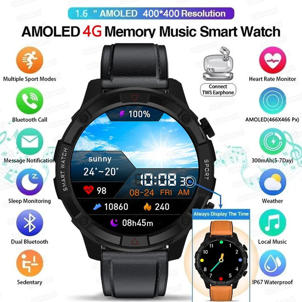 2023 New 454*454 Screen Smart Watch Men Always Display The Time Bluetooth Call 4G RAM Local Music Smartwatch Link TWS Earphones