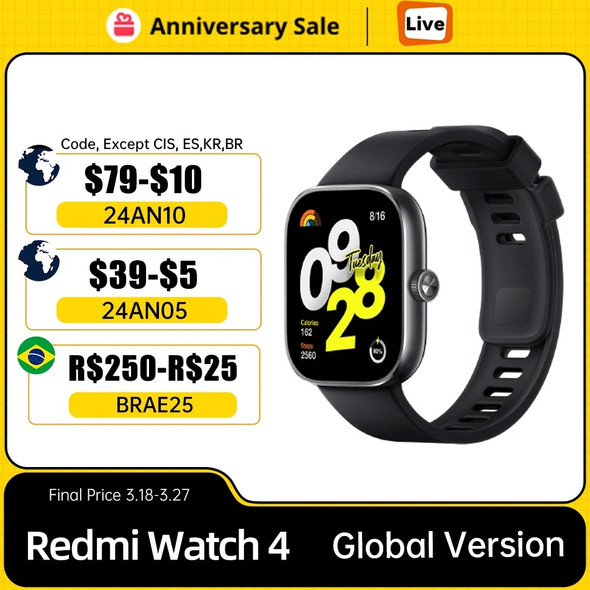 Global Version Xiaomi Redmi Watch 4 Smartwatch 1.97" AMOLED Display 20 Days Battery Heart Rate SpO₂ Monitor GNSS Fitness Tracker