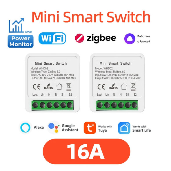 Tuya ZigBee WiFi Smart Switch with Power Monitor 16A DIY Relay Voice Control Smart Home Automation Kits for Alexa Google Alice