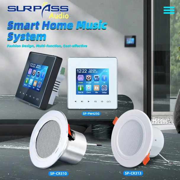 Smart Home Music System 2.8 Inch Bluetooth Wall Amplifier FM Radio Mini Music Panel Stereo Full-range Ceiling Speaker Audio Kit
