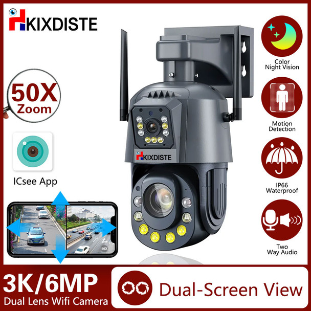 50X Zoom PTZ 6MP 4K Wi-Fi Surveillance IP Camera Warning Light Color Night Vision Human Detect Smart Home Outdoor Security Cam