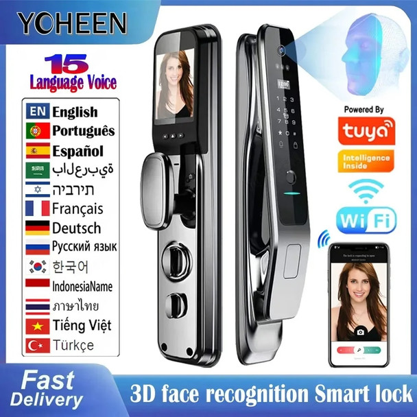 Tuya APP Wifi 3D Face Recognition Smart Door Lock Camera Fingerprint Digital Lock with Key Code Nfc Card for Home Apartments