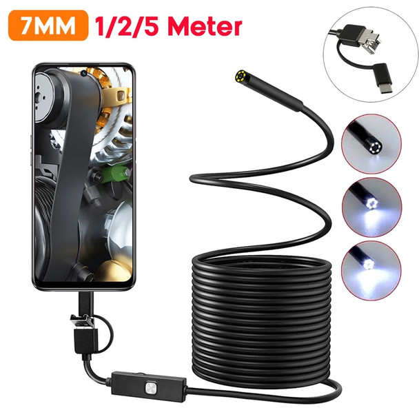 7mm Android Industrial Endoscope Camera IP67 Waterproof 3IN1 USB/Micro USB/Type-C Borescope 6LEDs Adjustable Inspection Camera
