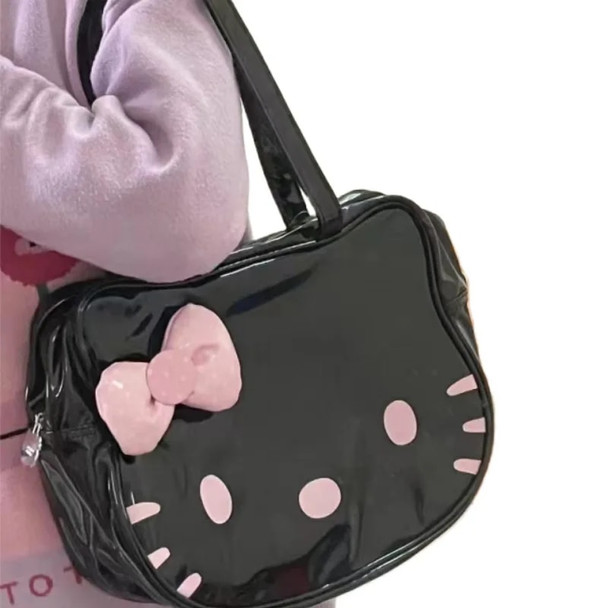 Sanrio Hello Kitty Cute Bags Women Fashion Shoulder Bag Black Luxury Design Handbag Bright Bow Tote Large Capacity Bag Travel