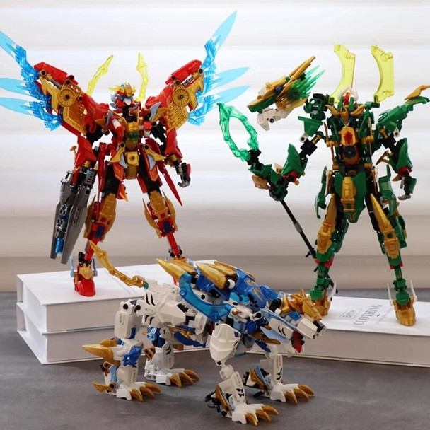 Transforming robot building blocks Chinese mythical beast model CyanDragon white tiger rosefinch figure children's assembly toy