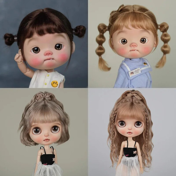 BJD Wig Big Head Dot Blyth Wig Soft Mohair Bangs Braid Wig half ponytail Short Hair Long Wavy Hair Fit 9-10 Inches Head